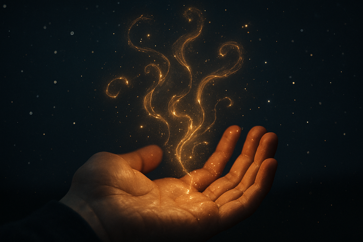 Glowing light particles swirling above an open hand at night symbolizing angel number 1616