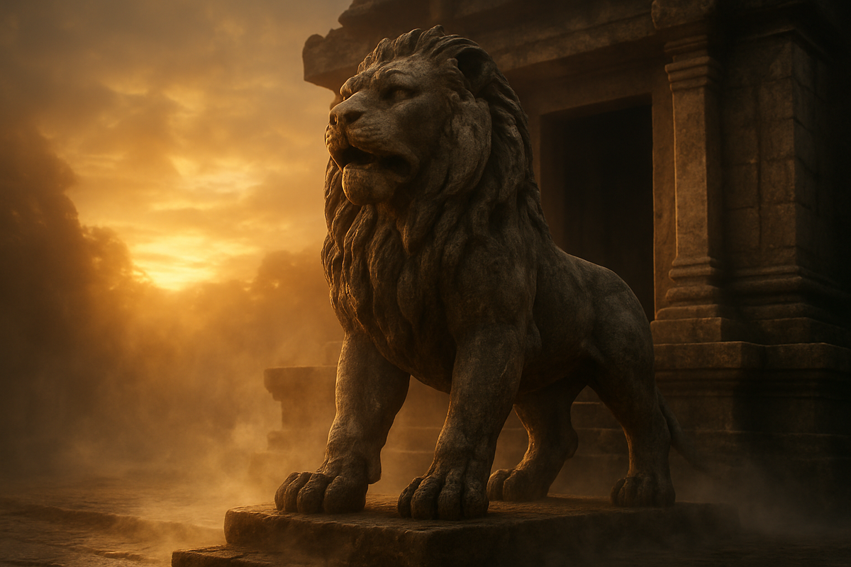 Ancient stone lion statue symbolizing strength and courage