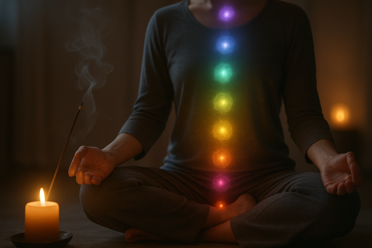 Person meditating with glowing chakra energy centers visible along the spine