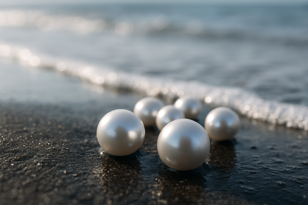 White pearls on the shore symbolizing purity from the ocean's depths