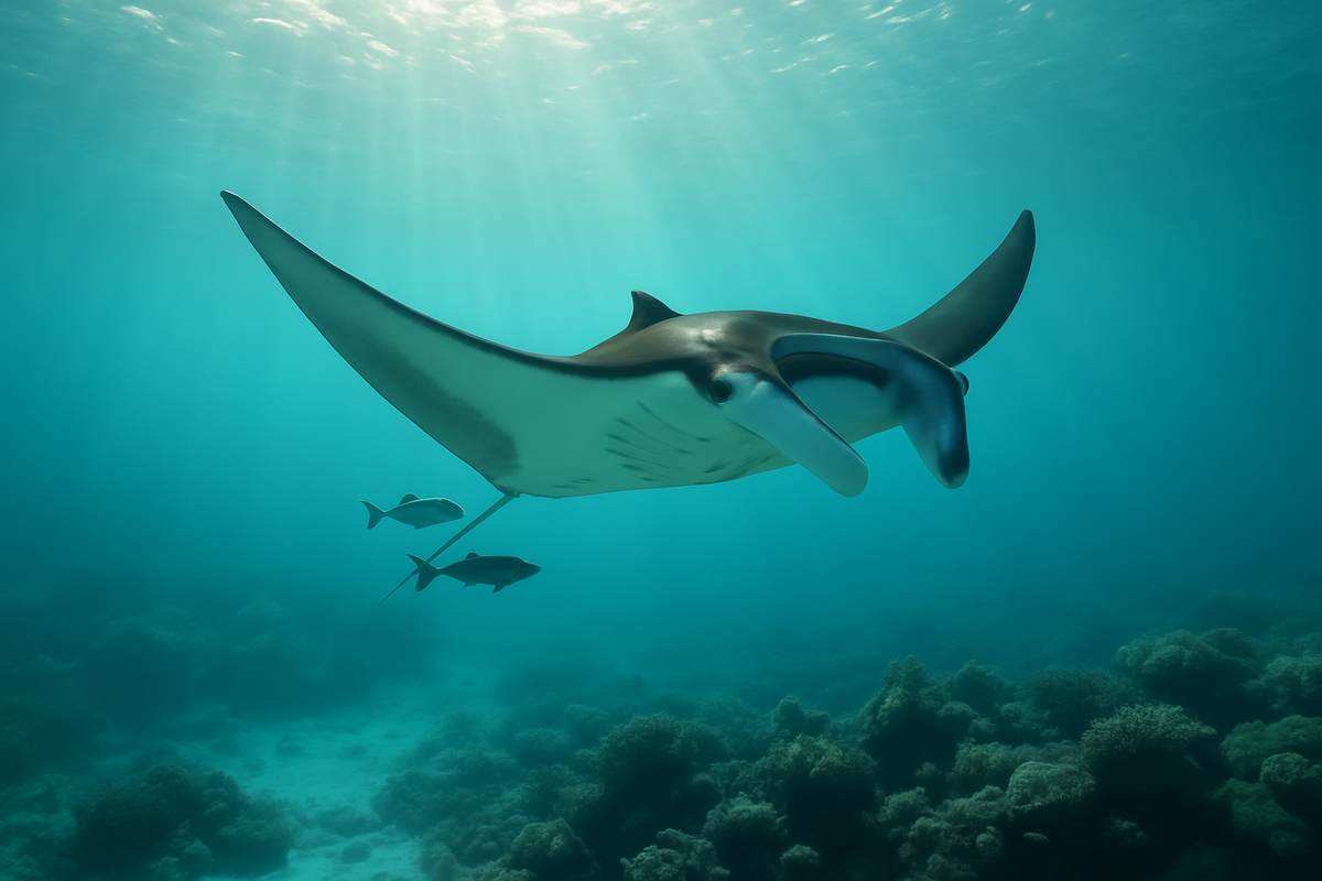 A manta ray gliding gracefully through clear turquoise ocean water near a coral reef