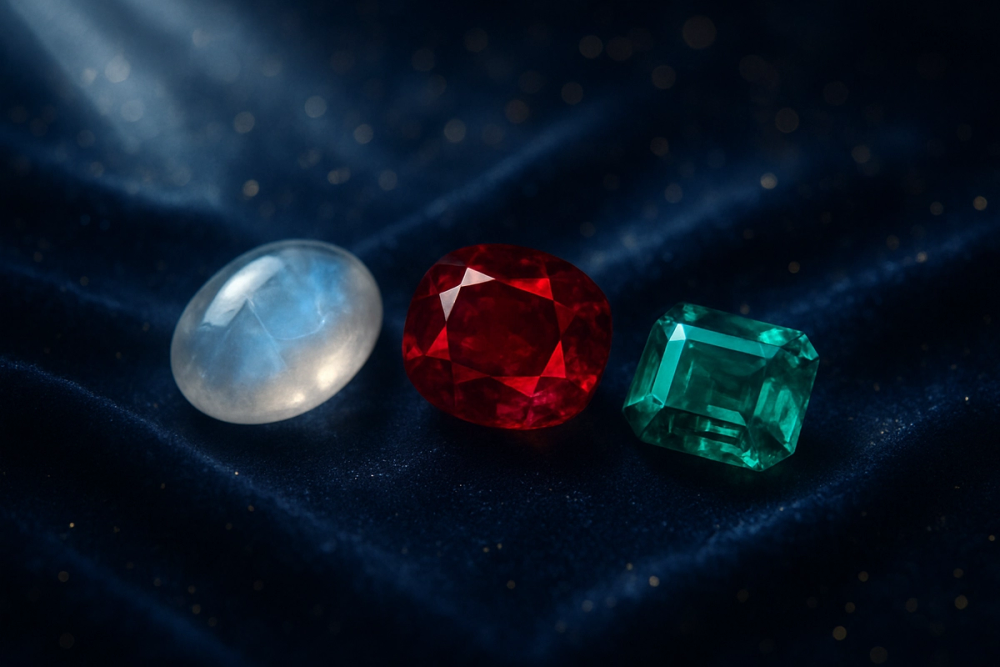 Moonstone, Ruby, and Emerald birthstones for Cancer zodiac
