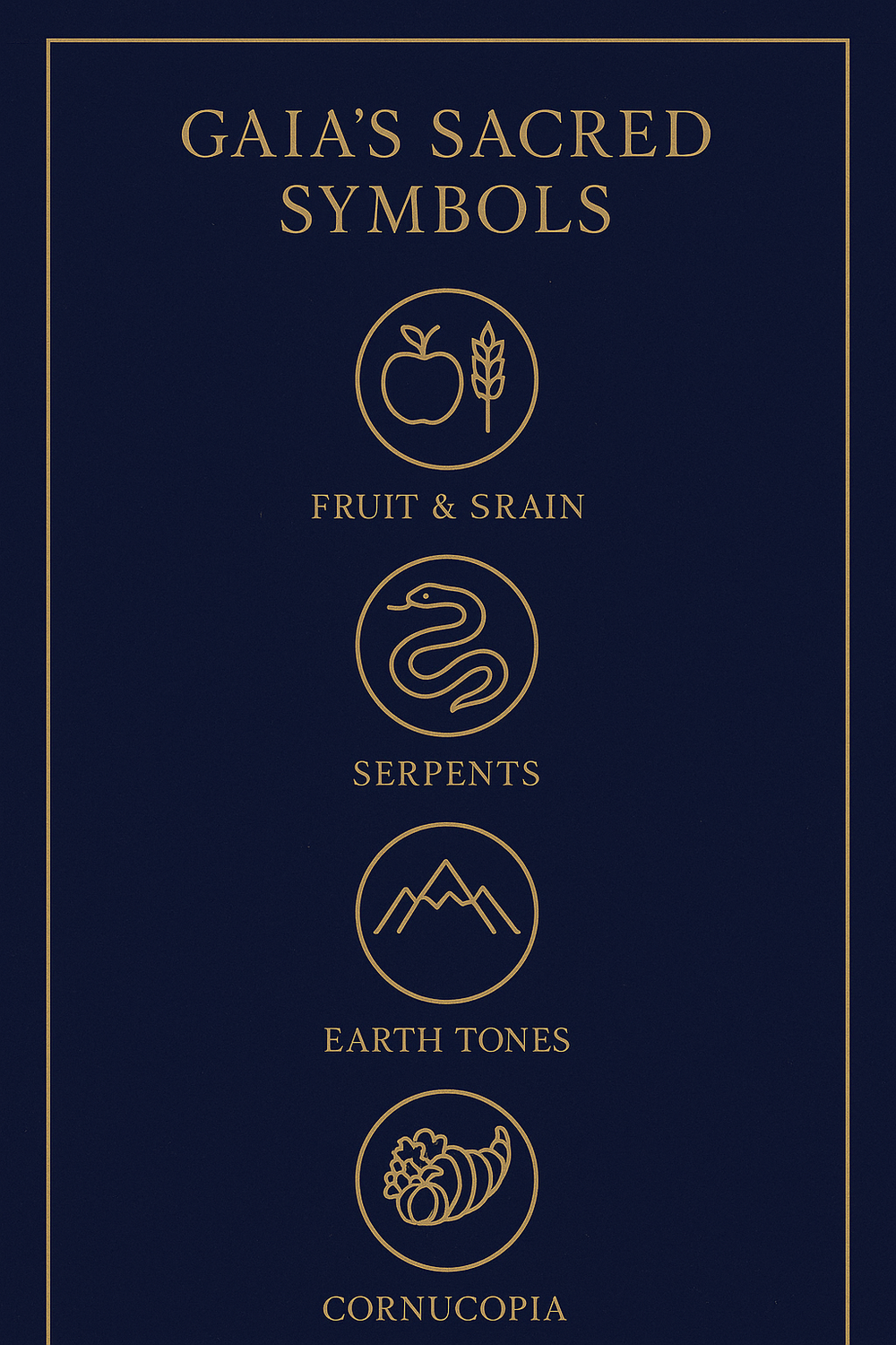 Infographic of Gaia's sacred symbols including fruit, serpents, mountains, earth tones, and cornucopia