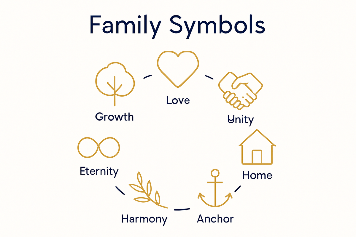 Infographic showing 7 common family symbols and their meanings