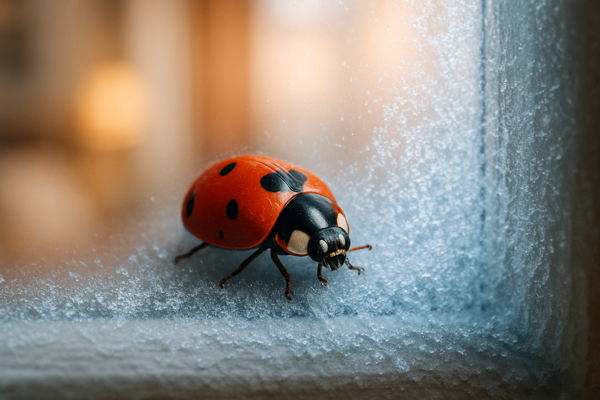 Ladybug resting on a frosted window in winter