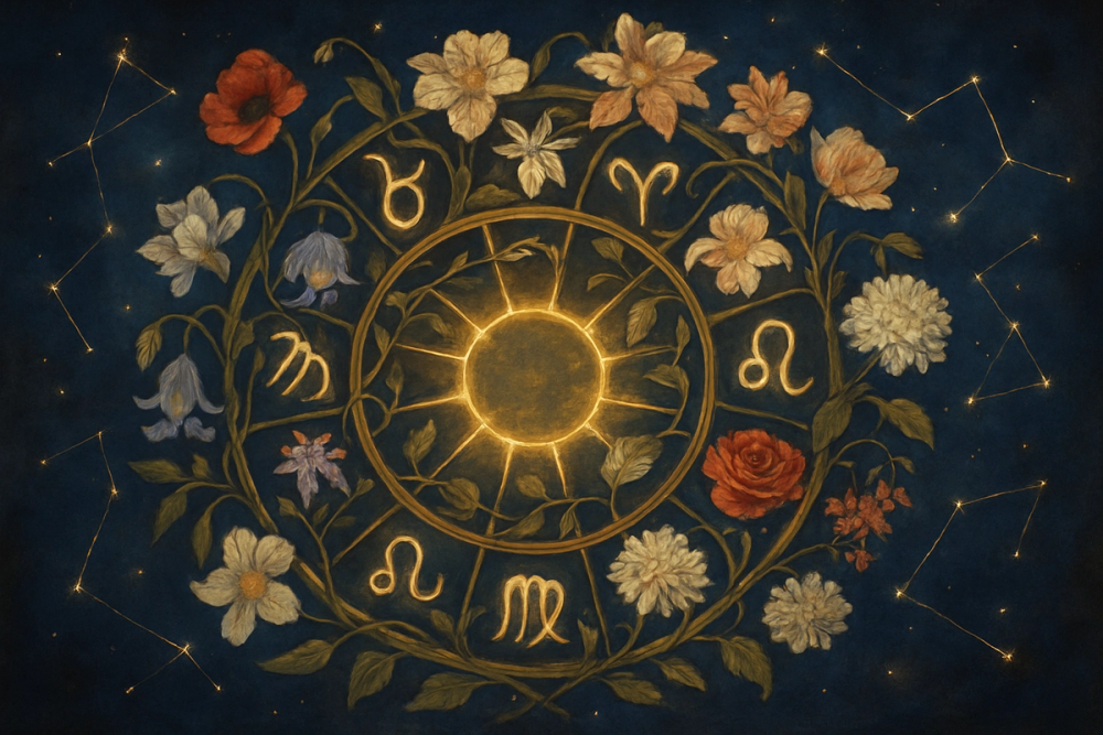 Zodiac signs entwined with their birth flowers