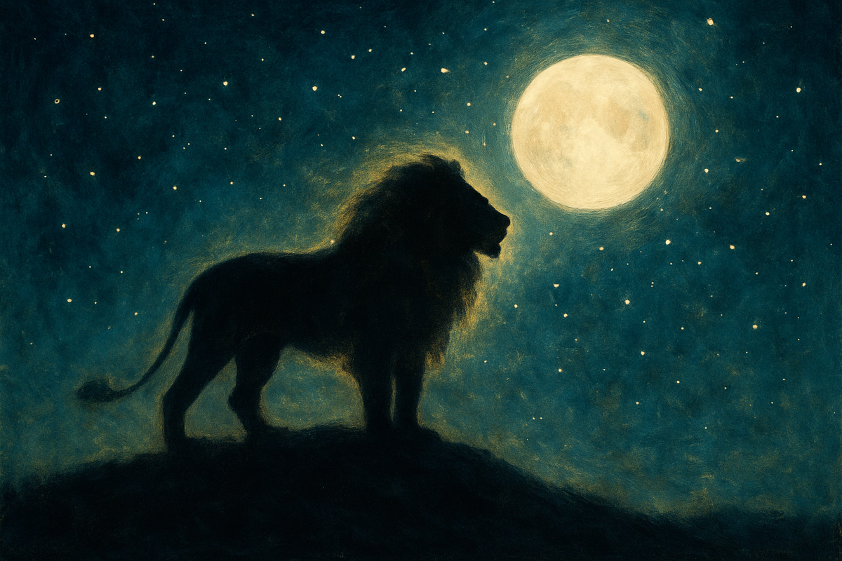 Lion silhouette under a starry night sky representing dream symbolism