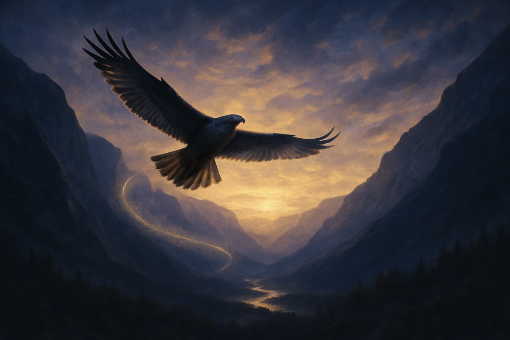 A hawk soaring through a mystical dawn sky, symbolizing spiritual guidance