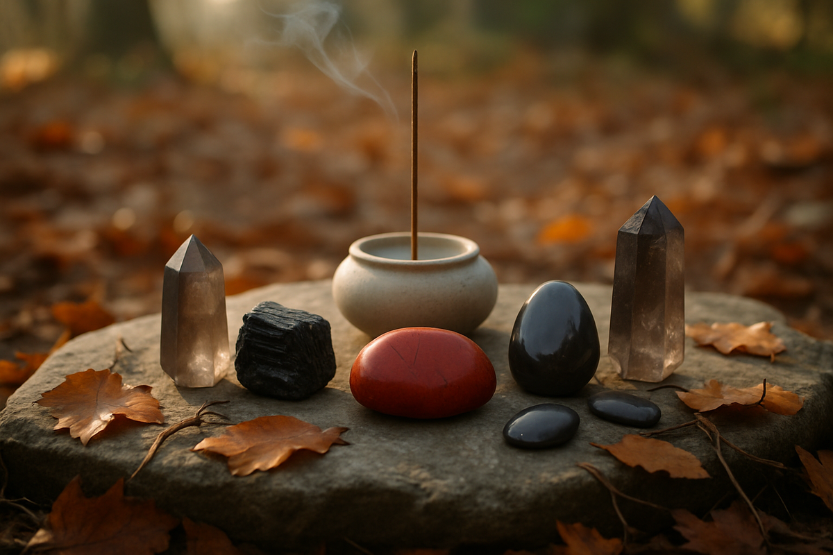 Grounding crystals including red jasper and black tourmaline arranged for root chakra healing