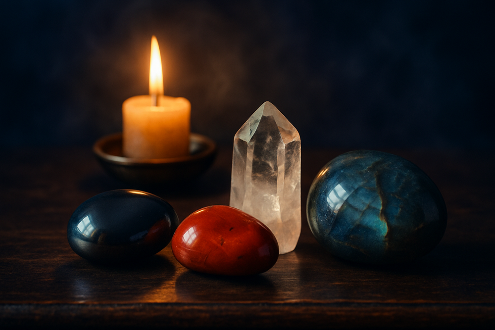 Healing crystals for Aquarius wellbeing including hematite, clear quartz, and red jasper