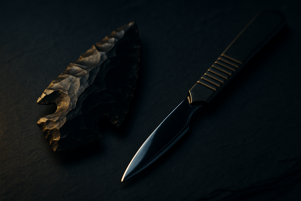 Ancient obsidian arrowhead beside a modern obsidian surgical scalpel