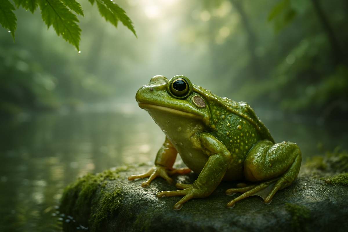 A golden-green frog resting on a moss-covered stone by a calm forest pond