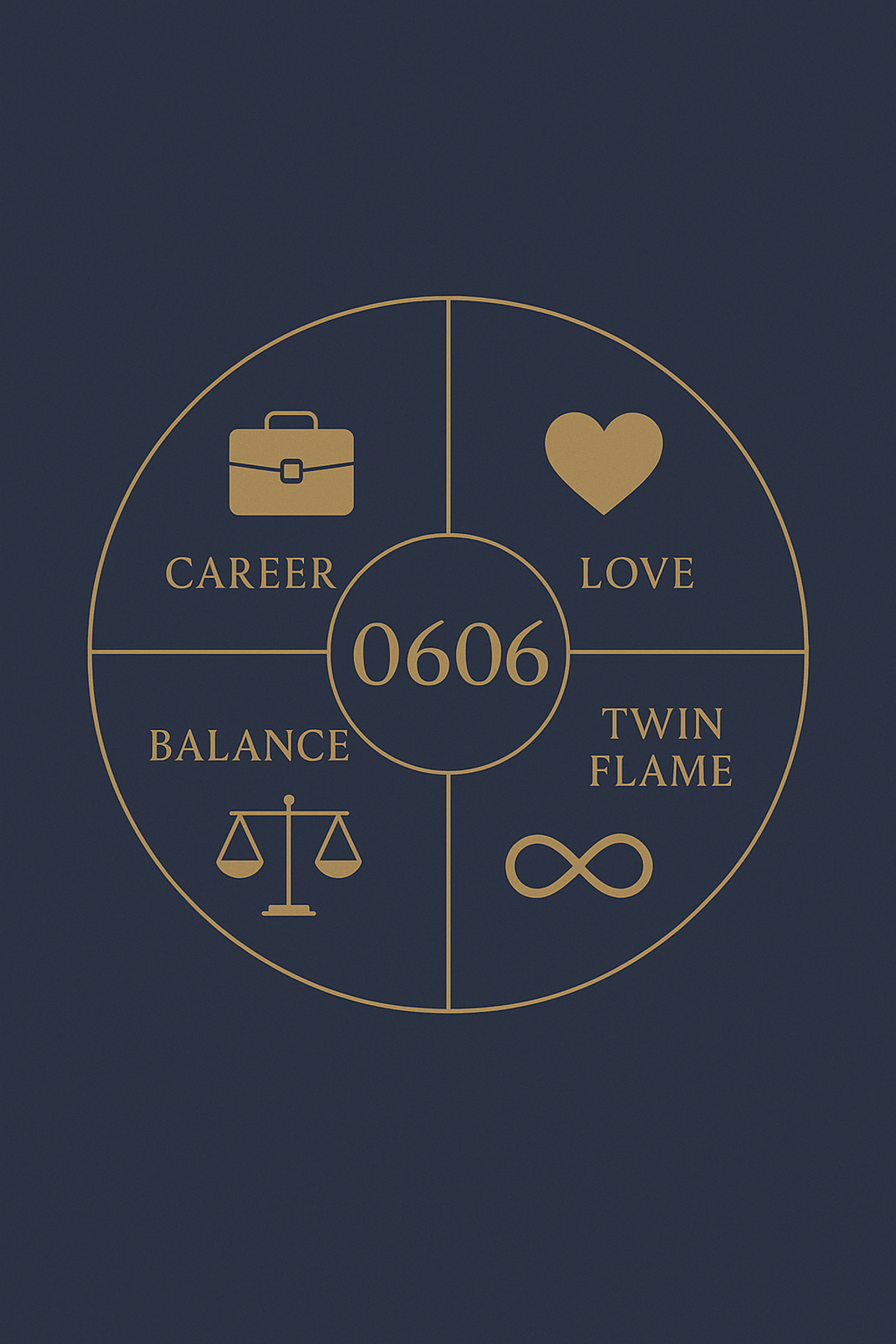 Infographic summarizing 0606 angel number meaning across career, love, twin flame, and balance