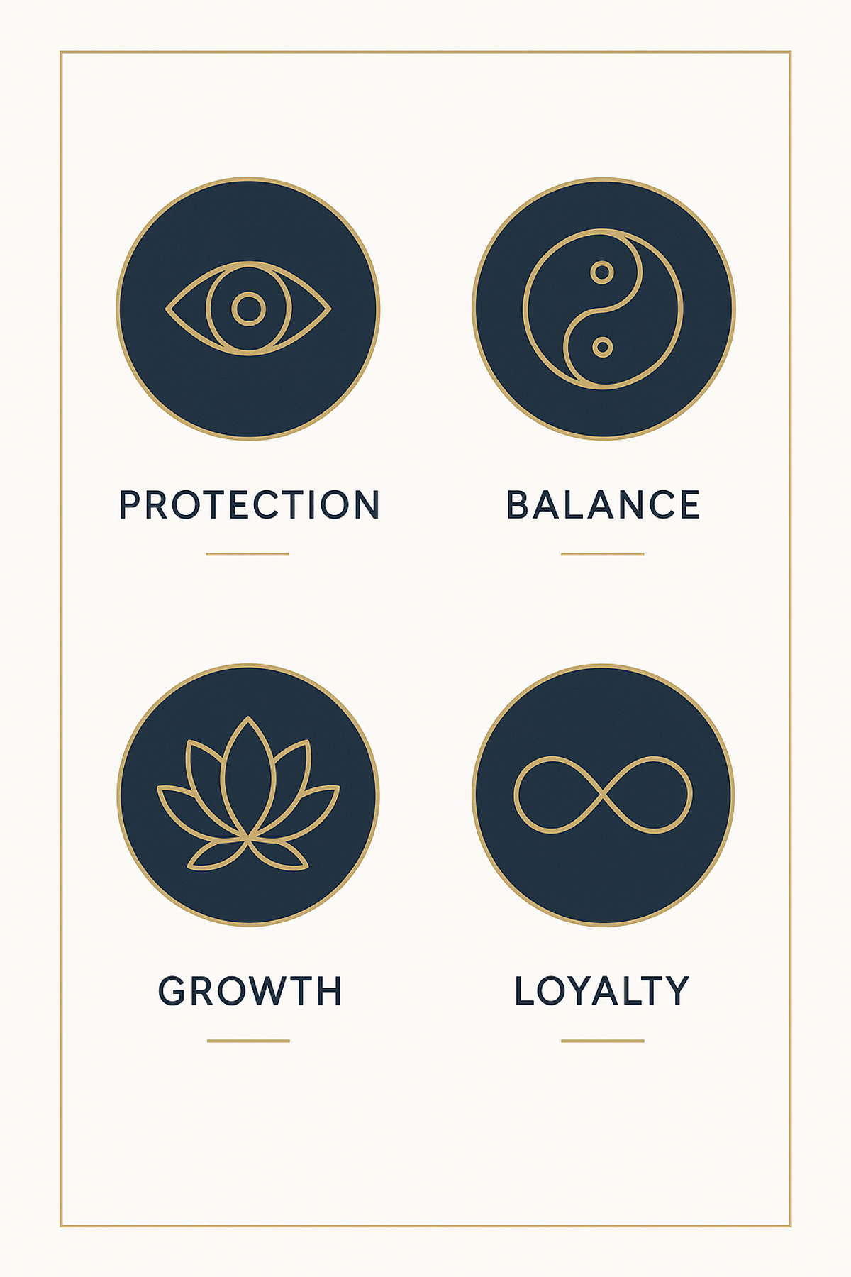 Infographic grouping 20 spiritual symbols by category: protection, balance, growth, and loyalty
