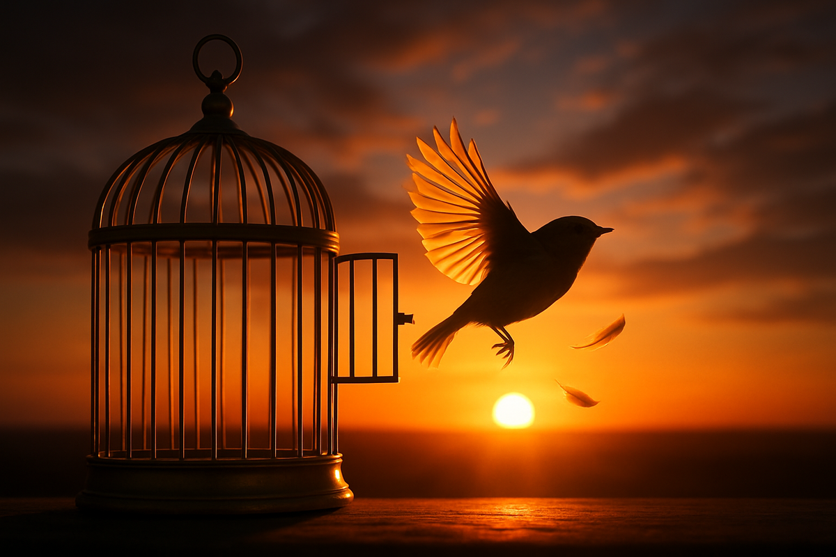 A bird flying free out of an open cage at sunset symbolizing liberation