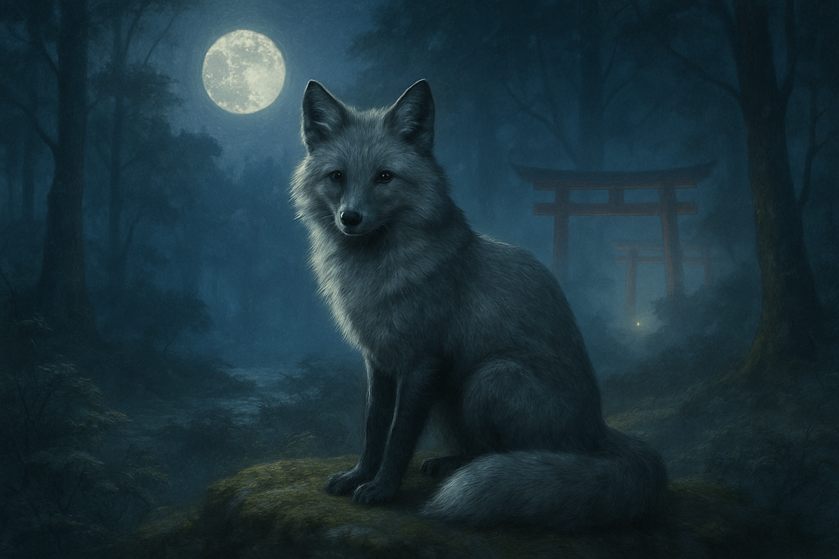 A silver fox sitting in a moonlit forest clearing near misty shrine gates