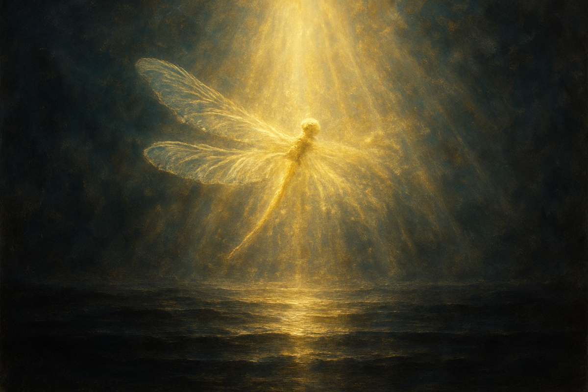 Dragonfly dissolving into golden light symbolizing spiritual transformation