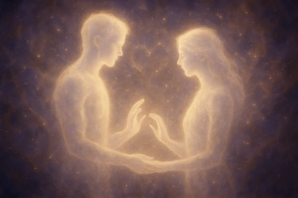 Two mirrored figures of light representing spiritual love guided by Angel Number 11
