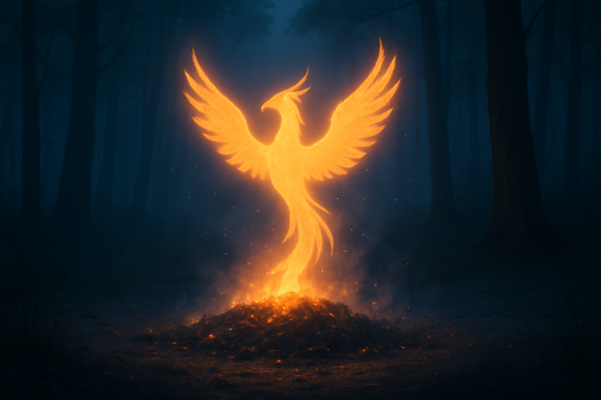 A phoenix rising from glowing ashes in a misty forest at night