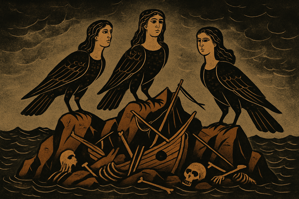 Ancient-style depiction of Sirens as bird-women on a rocky island surrounded by shipwreck debris