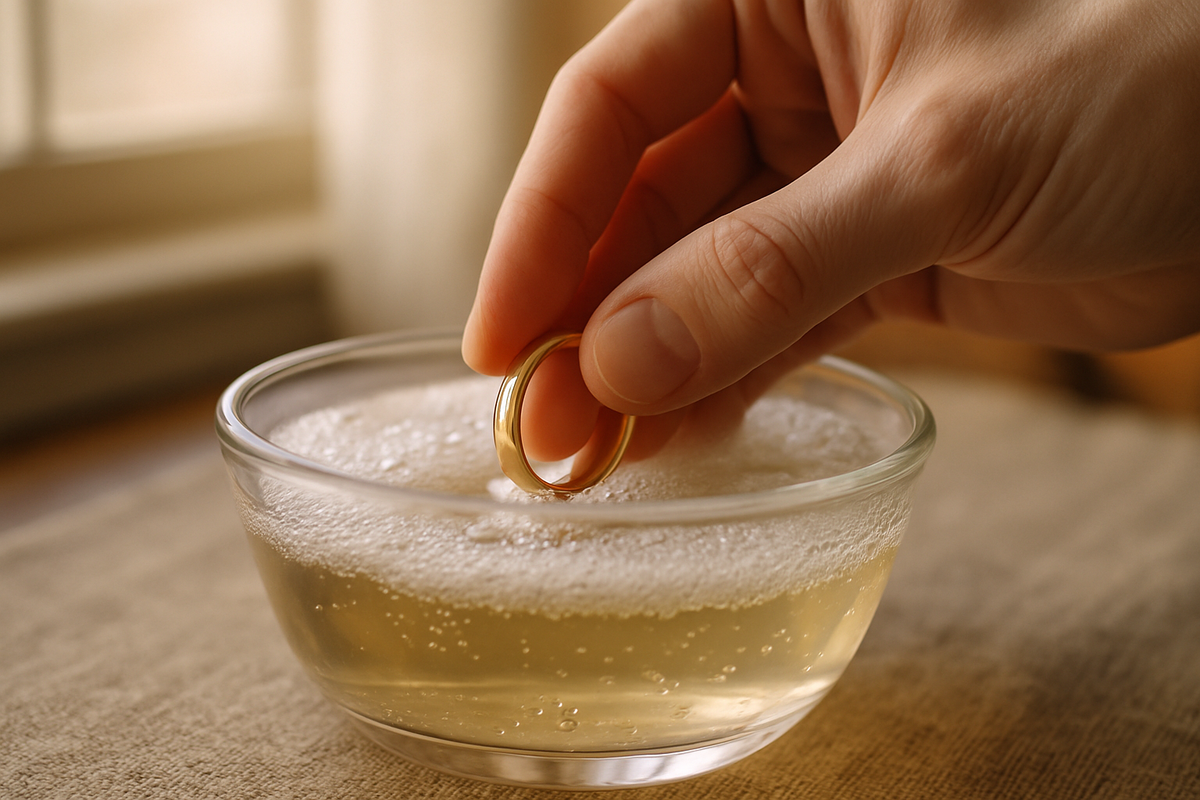 Gold ring being soaked in warm soapy water in a glass bowl