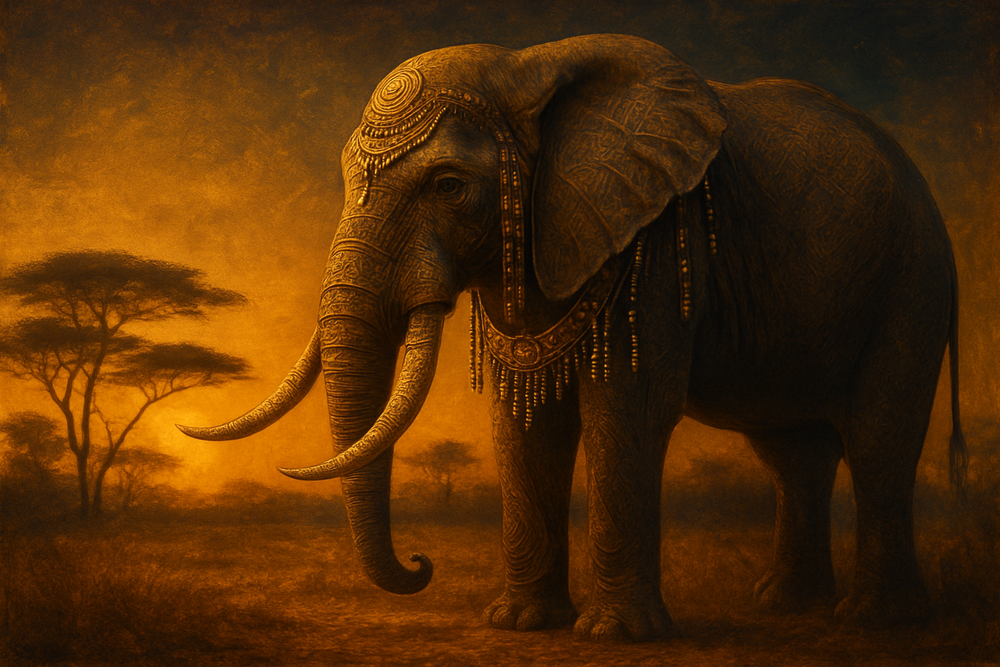 Elephant adorned with ceremonial ornaments standing in the African savanna at sunset