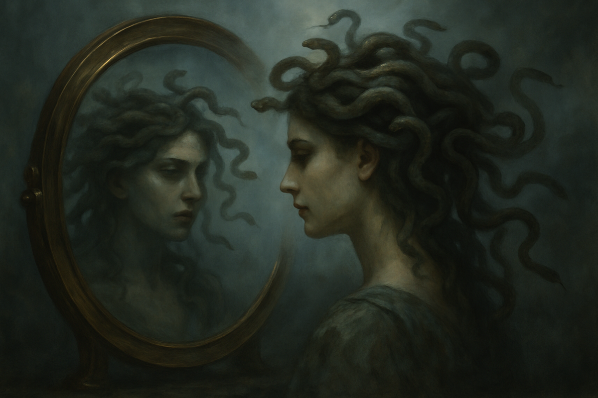 Symbolic dreamlike reflection representing Medusa and the subconscious mind