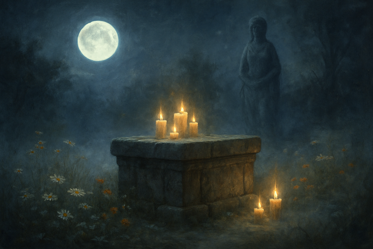 Ancient stone altar bathed in full moon light surrounded by mist and candlelight
