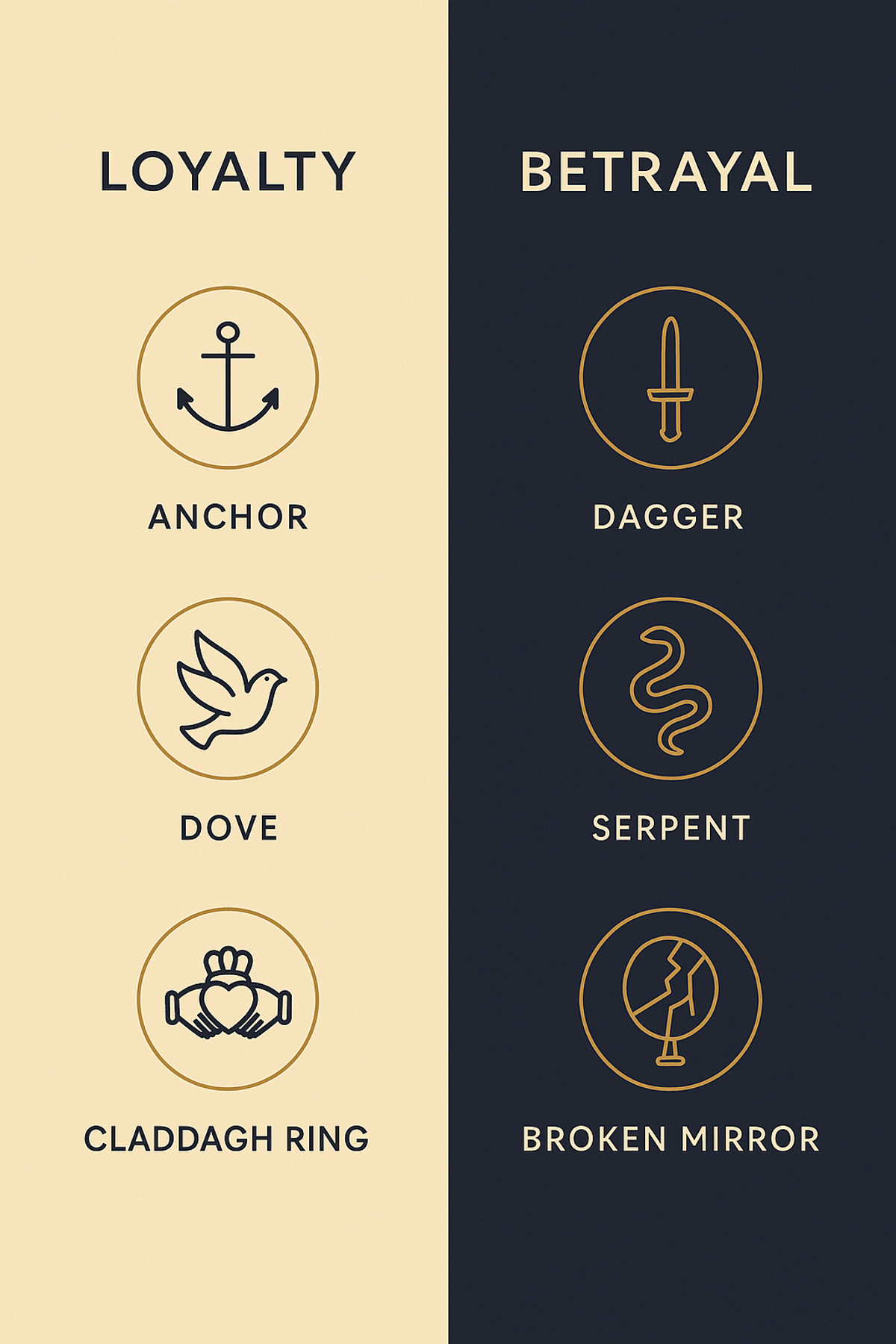 Infographic comparing symbols of loyalty and symbols of betrayal