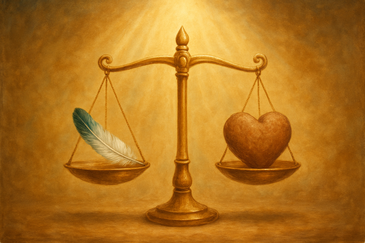 Feather of Ma'at balanced on golden scales representing truth and integrity