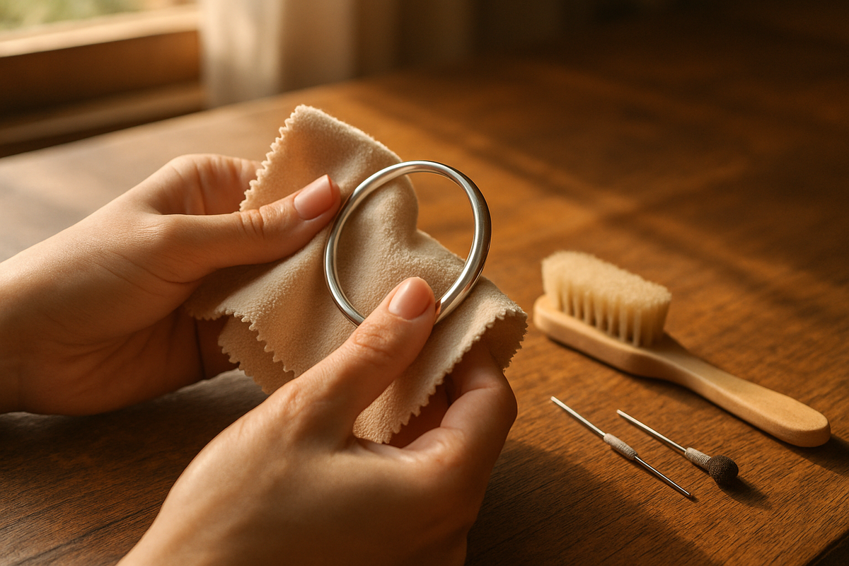 Hands polishing a silver bracelet with a soft cloth at home