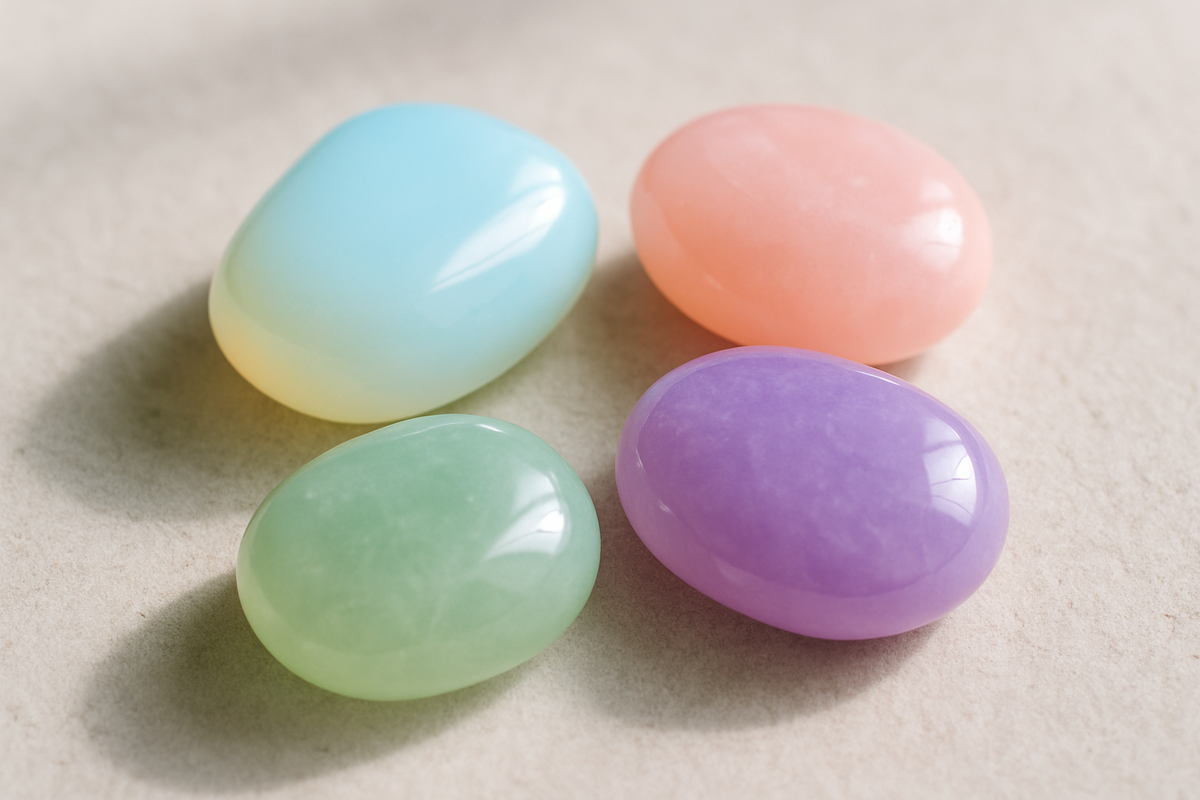 Blue, pink, purple, and green opalite tumbled stones