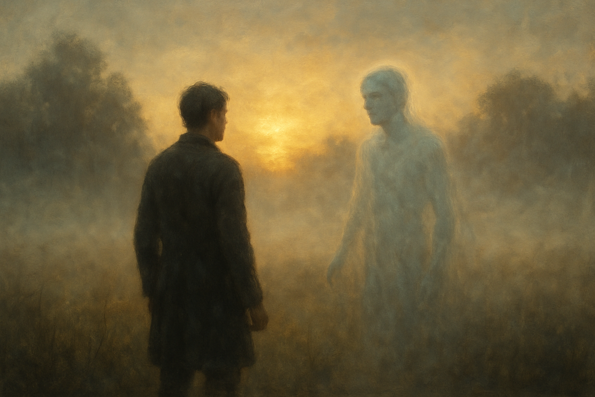 Person turning to face a translucent figure in a misty dawn field
