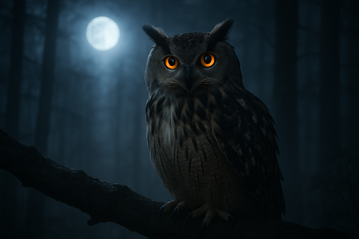 owl with glowing eyes perched at night symbolizing mystery and wisdom