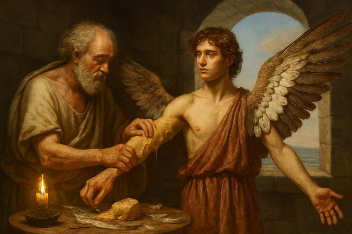 Daedalus fitting handmade feathered wings onto Icarus before their escape flight