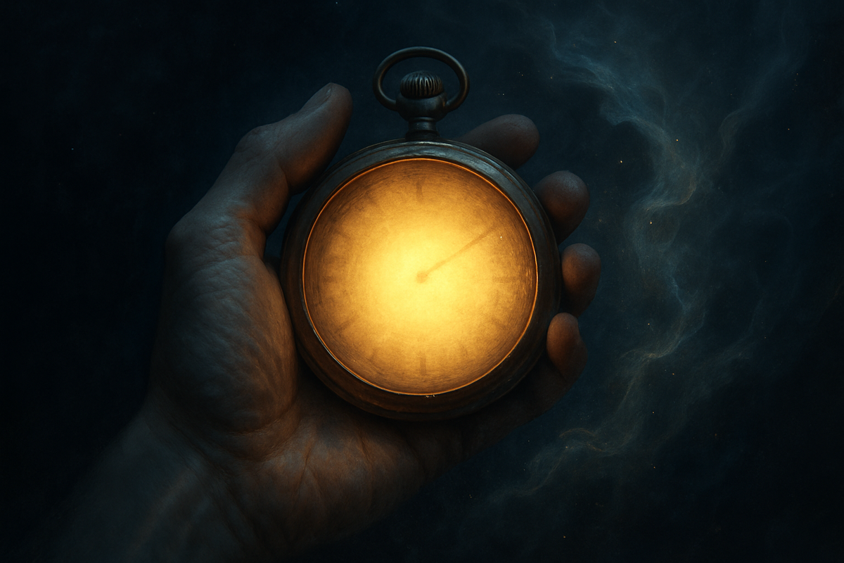 Glowing pocket watch symbolizing the ending and beginning of life cycles