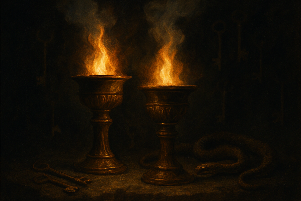 Twin torches burning in darkness surrounded by symbolic keys and a serpent