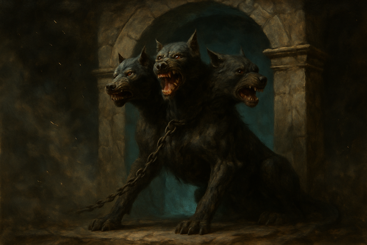 Cerberus the three-headed dog guarding the entrance to the Greek Underworld