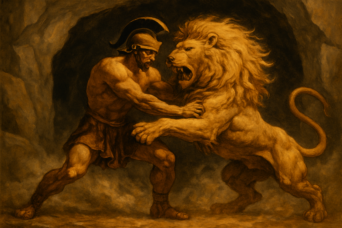 Heracles wrestling the Nemean Lion at the entrance of its cave