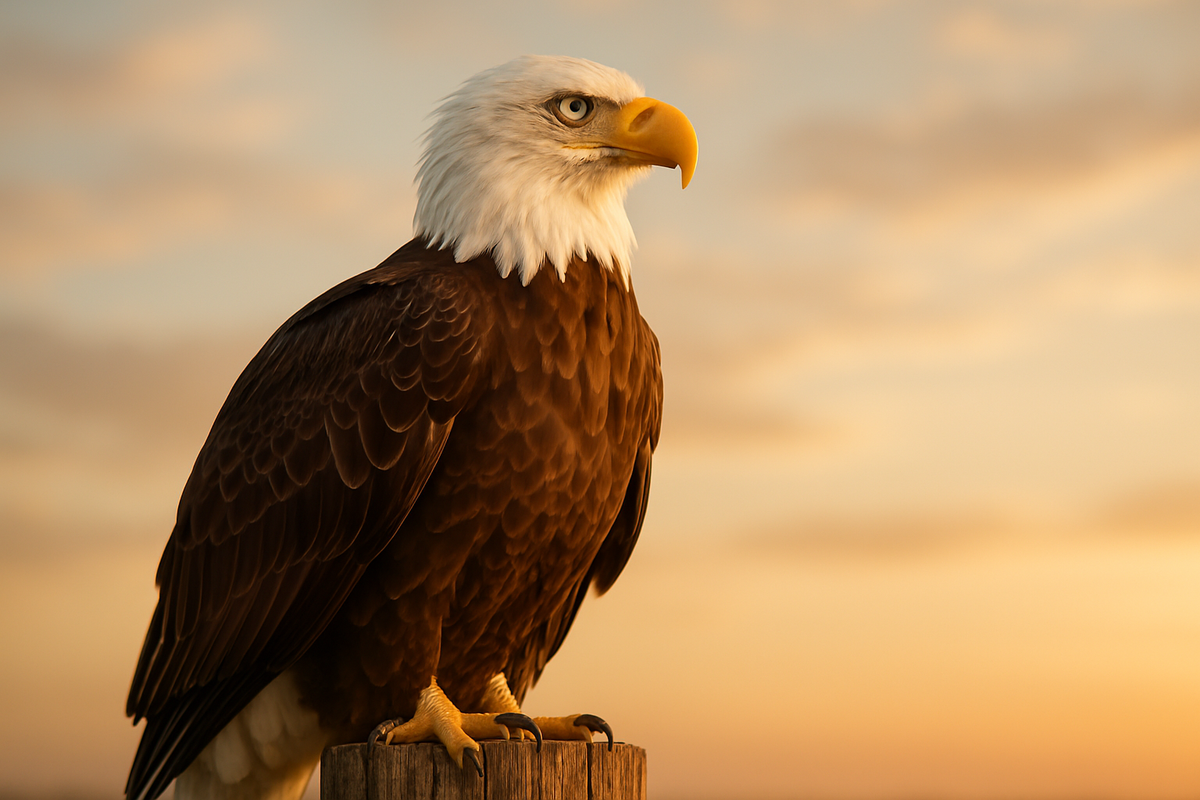 Bald eagle perched against a golden sky symbolizing strength and national pride