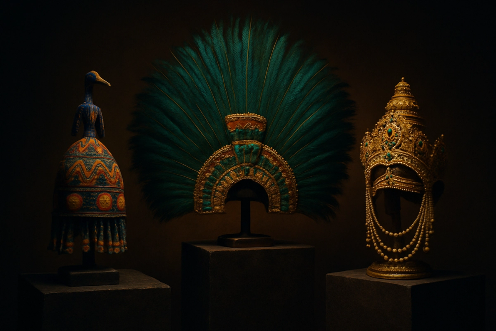 Yoruba beaded crown, Aztec feathered penacho, and Hindu mukut displayed together