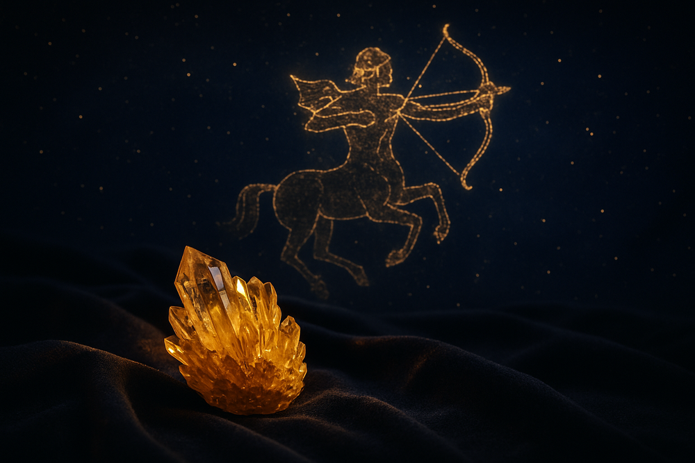 Cacoxenite crystal with Sagittarius zodiac symbolism