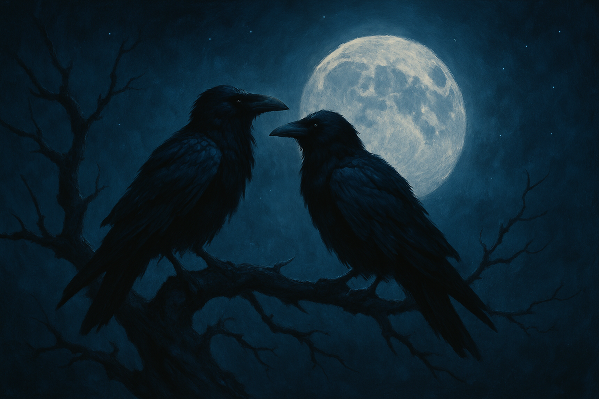 Two ravens sitting together on a branch beneath a moonlit night sky