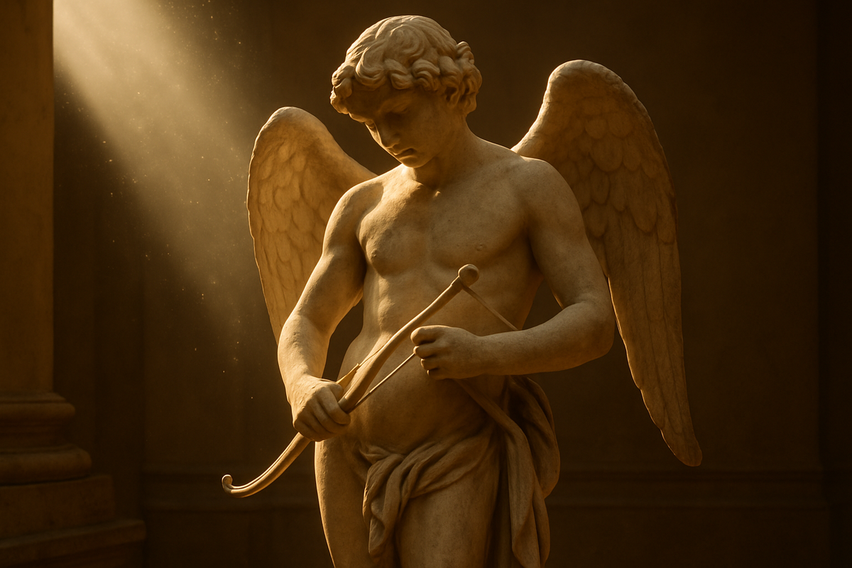 Ancient marble statue of Eros holding a bow with delicate wings