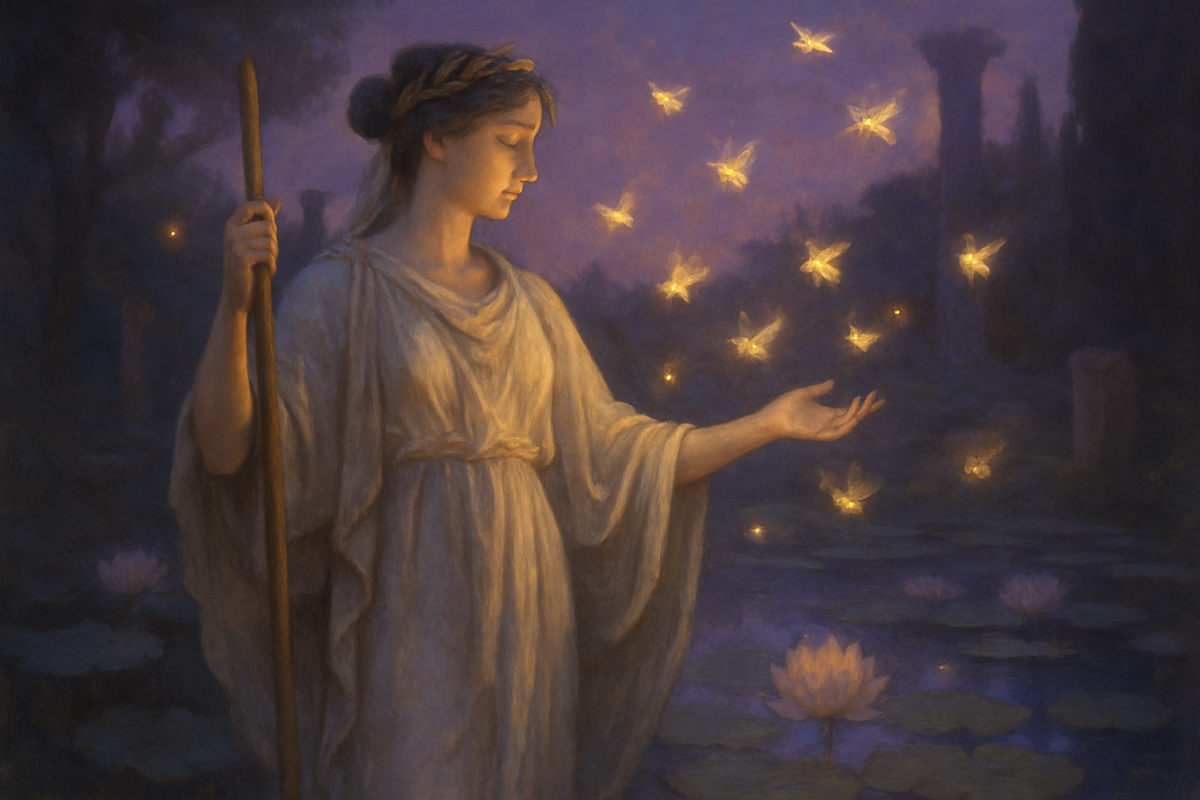 Ancient priestess surrounded by glowing bees in a mystical twilight setting