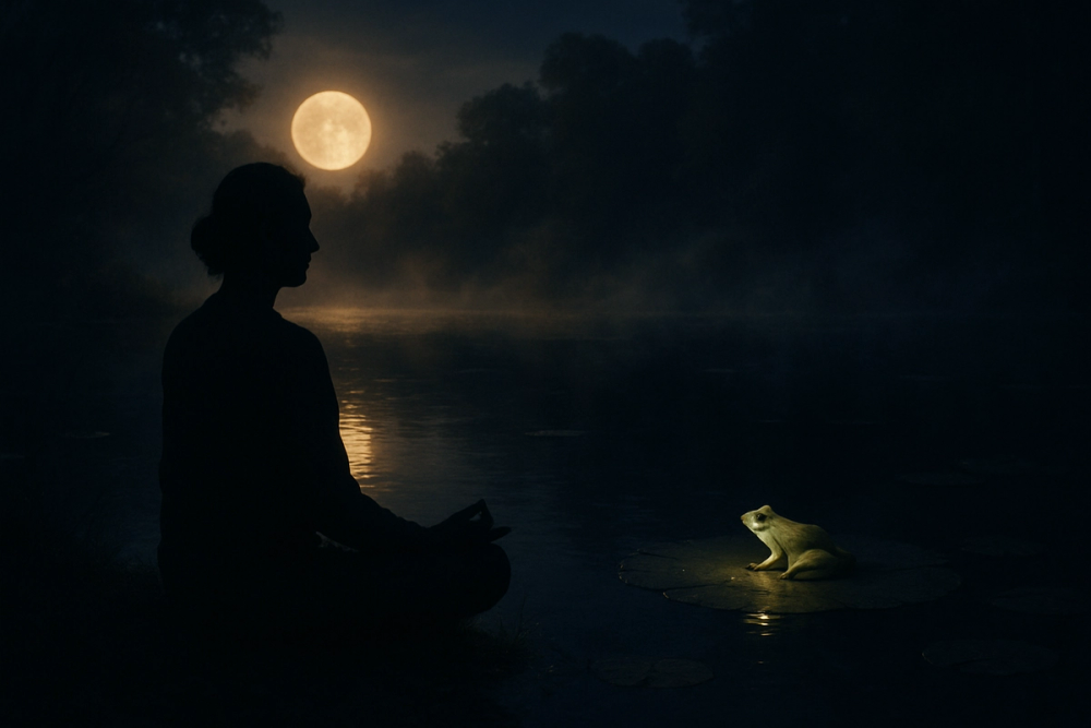 A person meditating beside a pond with a glowing frog on a lily pad, representing frog spirit animal energy
