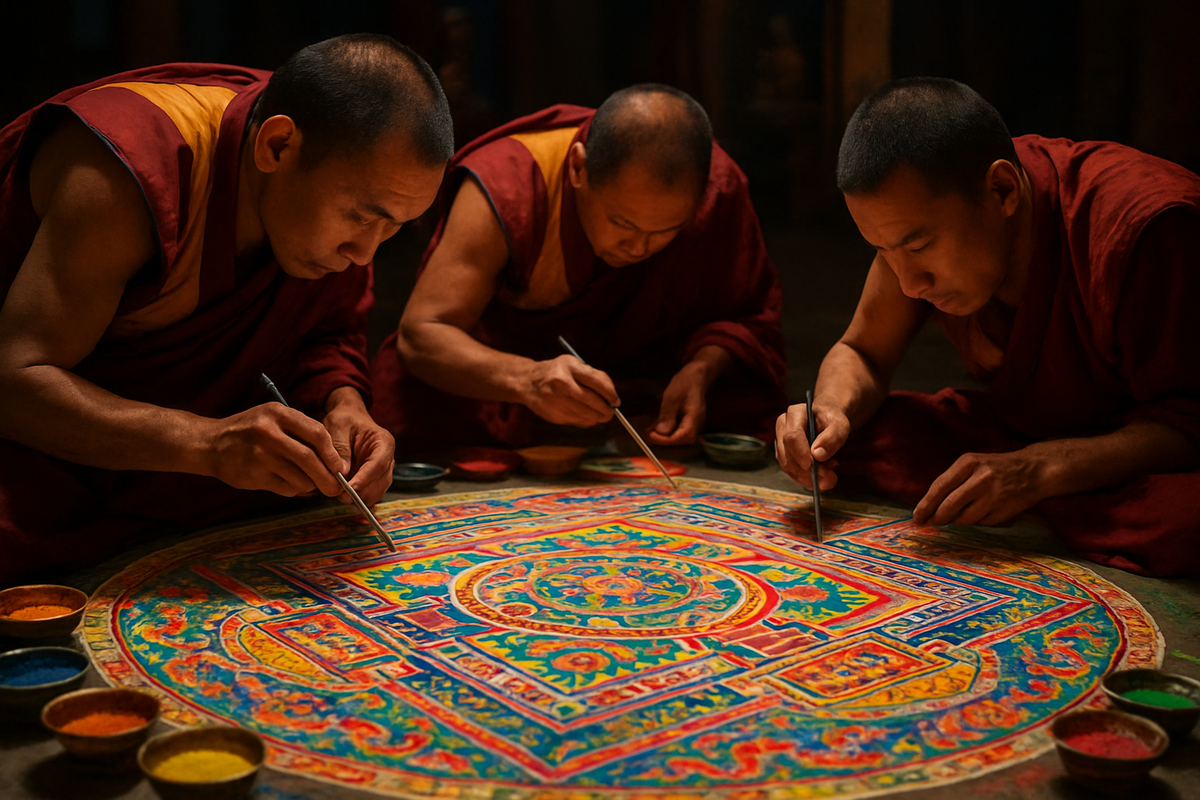 Tibetan monks creating a colorful sand mandala on a temple floor