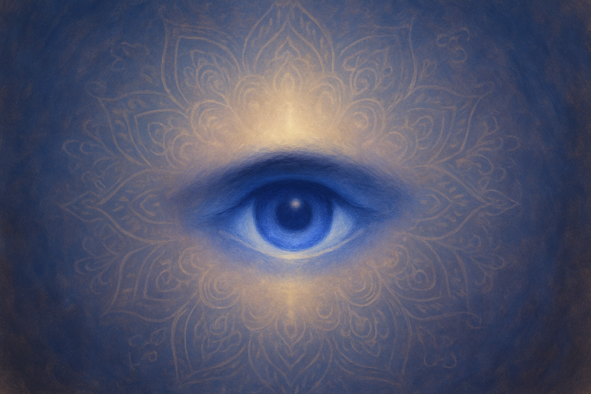 Glowing symbolic third eye at the center of the forehead representing intuition