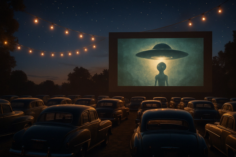 Vintage 1950s drive-in movie theater screening a sci-fi film