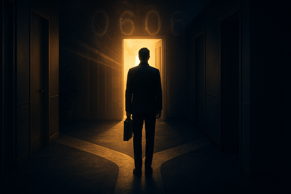 A person facing a career crossroads illuminated by golden light, symbolizing the signs of 0606 signaling a job change